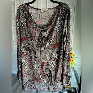 DRESSBARN Multi-color Paisley Blouse with Long Bell Sleeves V-neck Size Large